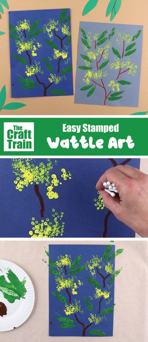 Use Q-tips or cotton buds to create a gorgeous wattle branch artwork. This is a great Australian themed art activity for kids, celebrating our national flower #wattle #kidsart #stamping #printing #kidsactivities #australia Indigenous Flowers Art, Australian Day Activities For Toddlers, Australian Crafts For Preschoolers, Australia Day Crafts For Toddlers, Australia Crafts For Toddlers, Australian Activities For Kids, Spring Artwork For Kids, Australia Art Projects For Kids, Australia Art For Kids