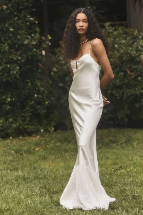 Elegant silk wedding maxi dress with a scoop neckline and criss-cross, spaghetti straps Sustainable Wedding Dress, Slip Wedding Dress, Wedding Dress Brands, White Silk Dress, Minimalist Wedding Dresses, Silk Wedding Dress, Sustainable Wedding, Elopement Dress, Silk Tulle