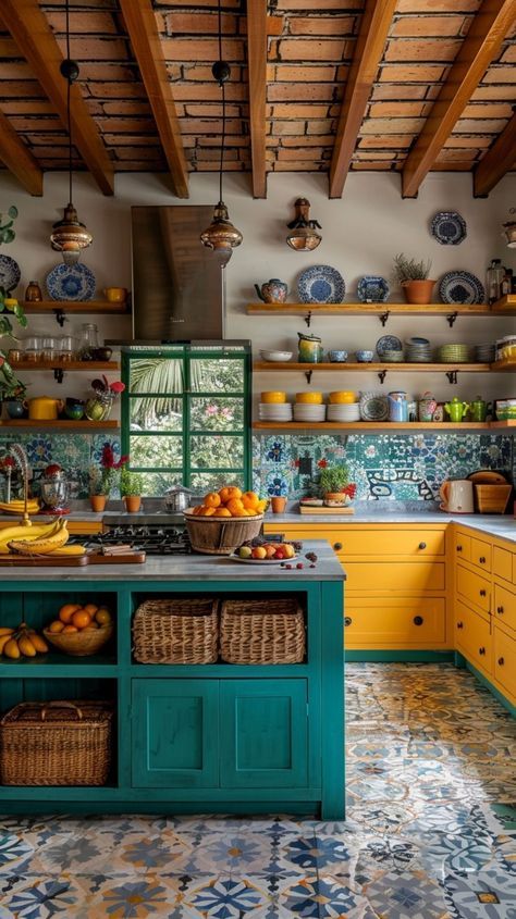 Kitchen With Mismatched Cabinets, Timeless Colorful Kitchen, Jamaican Kitchen Design, Mediterranean Style Home Decor, Sweden Interior Design, Mexican Styled Home, Portugal Kitchen Design, 70s Interior Design Kitchen, Latin Kitchen Decor