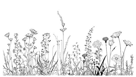 Beautiful wild flowers in the field hand... | Premium Vector #Freepik #vector #grass-illustration #branch #grass-flower #floral-illustration Border Sketch, Grass Drawing, Wildflower Drawing, Wildflower Tattoo, Flower Line Drawings, Hand Drawn Vector Illustrations, Flower Sketches, Small Tattoos For Guys, Hand Drawn Vector