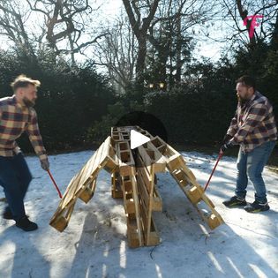 DIY project turns old pallets into stunning A-frame cabin | backyard, log cabin | Cozy backyard getaway built from repurposed wooden pallets. | By Fabiosa BelleFacebook Cabin Backyard, Homemade Trailer, Backyard Getaway, Diy Storage Shed, Build A Frame, Cozy Backyard, Backyard Gazebo, Pallet Designs, Frame Cabin