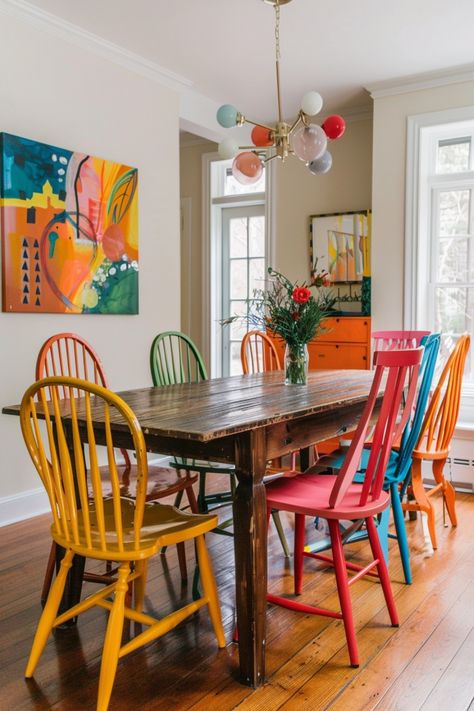 Whether you prefer an elegant dining room for guests or a cozy space for family meals, these ideas fit every need. Click to explore more. Round Dining Table With Colorful Chairs, Different Dining Chairs Mix Match, Big Table Dining Room, Dining Room Colorful, Vintage Dining Room Decor, Funky Dining Room, Colorful Dining Room, Room For Guests, Mid Century Modern Dining Chairs