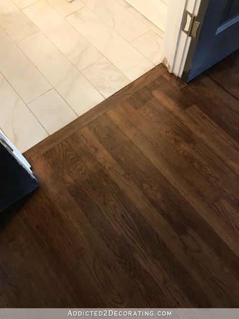 My Newly Refinished Red Oak Hardwood Floors - Addicted 2 Decorating® Kitchen Floor Transition, Cheap Laminate Flooring, Modern Wood Floors, Floors Ideas, Floor Transition, Living Room Hardwood Floors, Red Oak Hardwood Floors, Maple Hardwood Floors, Types Of Wood Flooring