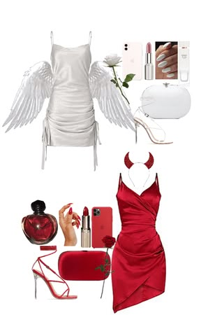 Halloween Evil Costumes, Devil Costume Ideas For Women, Devil And Angle Halloween Costume, Angel Halloween Costumes For Women, White Angel Outfit Halloween, Devil And Angel Halloween Costumes, Angel And Demon Costume, Evil Angel Costume, Ange Halloween