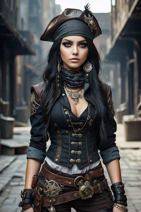 Steam Punk Pirate Costume, Shipwreck Outfit, Pirate Cosplay Female, Steampunk Pirate Female, Steam Punk Pirate, Lady Pirate Costume, Steampunk Costume Women, Goth Pirate, Woman Pirate