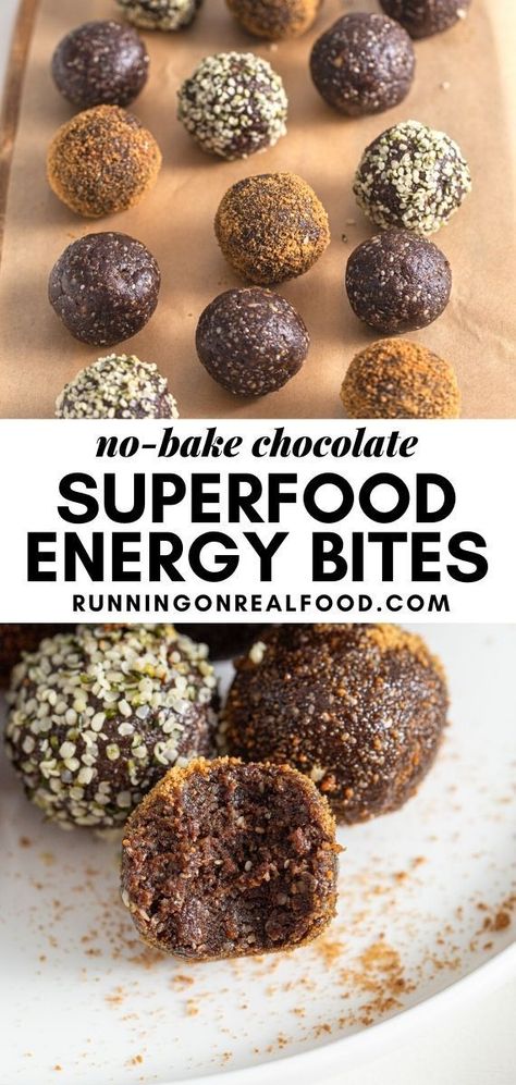 These no-bake chocolate superfood energy balls with hemp, chia, walnuts and flax are easy to make for healthy and delicious snack or dessert. Superfood Energy Balls, Chocolate Energy Balls, Vegan Energy Balls, Energy Balls Healthy, Healthy Homemade Snacks, Energy Ball Recipe, Healthy Food Guide, Healthy Food Facts, Protein Bites