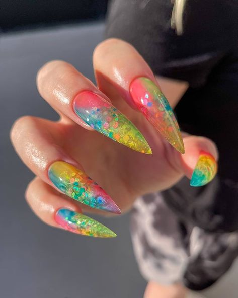 Translucent Gel Nails, Jelly Glitter Nails, Jelly Acrylic Nails, Pressed Flower Nails, Ombré Coffin Nails, Anime Inspired Nails, Translucent Nails, Rainbow Nails Design, Neon Acrylic Nails