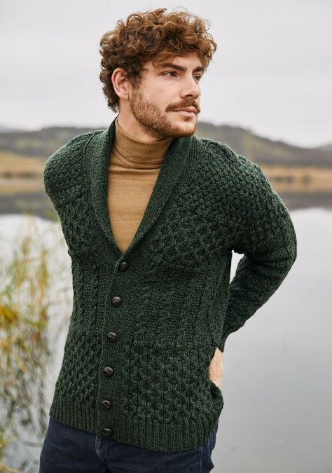 SAOL Aran Irish Fisherman Shawl Cardigan Men's Merino Wool Cable Knit Sweater | eBay Mens Green Cardigan Outfit, Irish Sweater Knitting Patterns, Irish Fashion Mens, Cardigan Outfits Men, Mens Fall Sweaters, Green Cardigan Outfit, Irish Traditional, Irish Wool Sweaters, Irish Fisherman