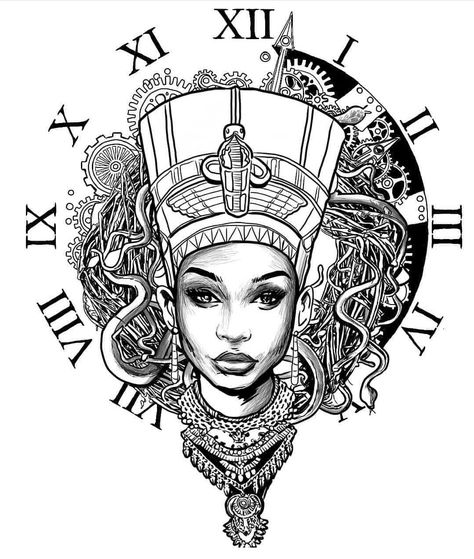 African Art Tattoo, Queen Nefertiti Tattoo, Egyptian Queen Tattoos, African Queen Tattoo, Egypt Tattoo Design, Queen Tattoos, Nefertiti Tattoo, Harley Tattoos, Africa Tattoos