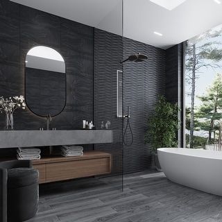 Unusual Mirror Ideas, Modern Black Bathroom Decor, Small Bathroom Dark Tile, Bathroom Ideas Black Vanity, Black Tile Bathroom Wall, Dark Master Bath, Bathroom Tile Black, Black Tile Bathroom, Workplace Bathroom