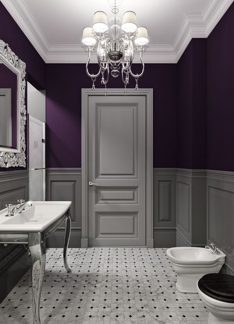 Bathroom decor ideas: purple paint and chandelier Purple Bathroom Decor, Gray Bathroom Decor, Bathroom Accent Wall, Silver Bathroom, Purple Bathrooms, Purple Rooms, Bathroom Paint Colors, Bathroom Decor Ideas Colors, Purple Paint