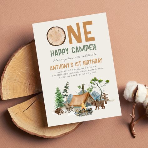 Birthday Invitation Card Template Free, Happy Camper Invitation, Camping 1st Birthday, One Happy Camper First Birthday, 1st Birthday Wild One, One Happy Camper Birthday, Woodland 1st Birthday, Birthday Wild One, 1st Birthday Signs