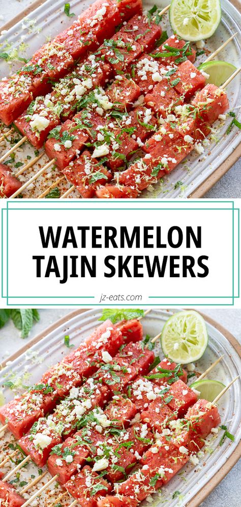 Watermelon Tajin Skewers Florida Watermelon Elote, Summer Skewer Recipes, Veggies With Tajin, Watermelon Bites Appetizers, Watermelon With Tajin And Chamoy, Watermelon Appetizers For Party, Watermelon Recipes Appetizers, Melon Skewers Appetizers, Watermelon Skewers Appetizers