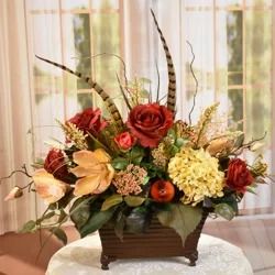 Floral Home Decor Silk Flower Floral Arrangement | Wayfair Beautiful Fall Flower Arrangements, Small Fall Arrangements, Fall Flower Arrangements For Church, Thanksgiving Flower Arrangements, Hydrangea Flower Arrangements, Thanksgiving Cornucopia, Fall Cake, Fall Hydrangea, Fall Table Centerpieces