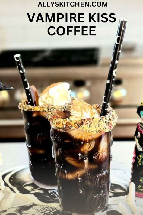 Two vampire kiss coffee cocktails on plate. Fall Coffee Drinks, Vampire Kiss, Light Dinner Recipes, Halloween Cocktail, Themed Drinks, Halloween Cocktails, Halloween Vampire, Coffee Cocktails, Halloween Drinks