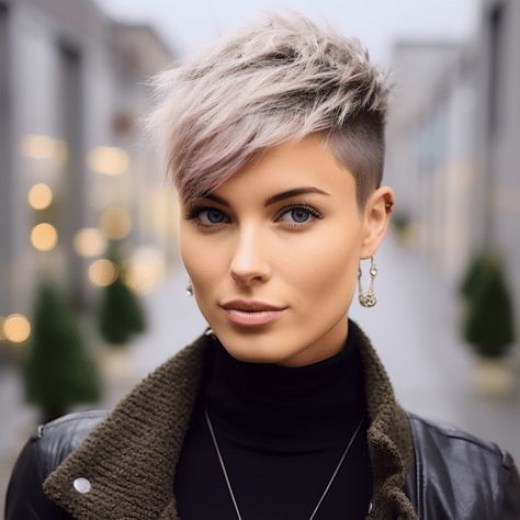 Cropped Womens Hair, Short Pixie Undercut Hair, Very Short Woman Haircut, Short Pixie Haircuts Shaved Sides, Short Hair Asymmetrical Pixie, Pixie Haircut Shaved Sides Edgy, Super Short Pixie Shaved Sides Fine Hair, Edgy Pixie Haircuts Fine Hair, Asymetrical Haircut Short Edgy