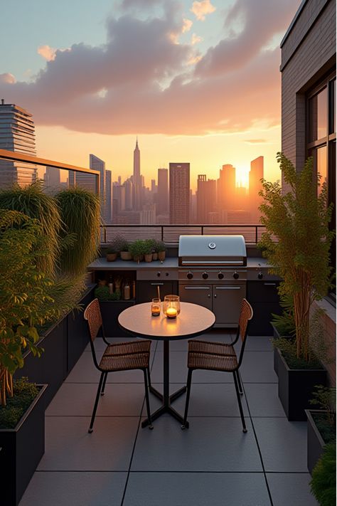 Compact rooftop outdoor kitchen with city skyline view at sunset Small Rooftop Patio, Rooftop Kitchen, Rooftop Ideas, Small Patios, Rooftop Patio Design, Urban Retreat, Straight Line Designs, Outdoor Lounge Area, Pot Rack Hanging