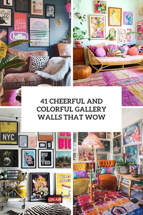 cheerful and colorful gallery walls that wow cover Bold Wall Decor, Bedroom Wall Decor Colorful, Vibrant Gallery Wall, Maximalist Gallery Wall Living Room, Colorful Art Wall, Bright Gallery Wall, Maximalist Picture Wall, Gallery Wall Maximalist, Entryway Ideas Colorful