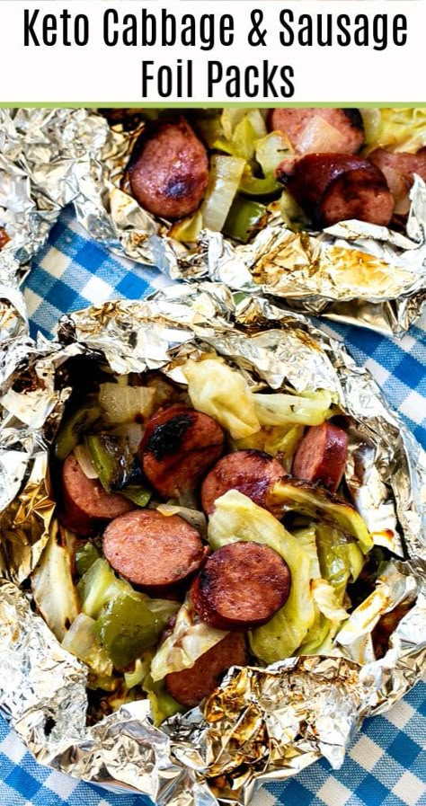 Keto Cabbage and Sausage Foil Packs - Skinny Southern Recipes Sausage Foil Packs, Keto Cabbage, Hobo Dinners, Grilled Cabbage, Foil Pack Dinners, Foil Packet Dinners, Foil Pack Meals, Foil Dinners, Cabbage And Sausage