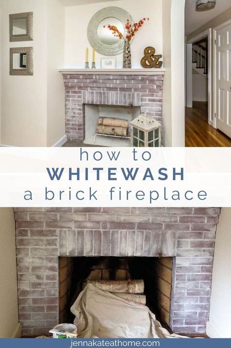 Learn how to whitewash a red brick fireplace using only water and paint It's SO easy to do!! Whitewash Brick Fireplace, Whitewashed Brick Fireplace, Brick Fireplace Mantles, Painted Mantle, Whitewash Brick, White Wash Fireplace, Diy Mantle, Whitewashed Brick, White Wash Brick Fireplace