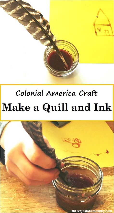 How to make a quill and homemade ink -- fun Colonial America unit activity Colonial America Activities, Kindergarten History, Colonial Activities, Colonial Games, Pioneer Day Activities, Pioneer Activities, Pioneer Crafts, Pioneer Days, Colonial Life