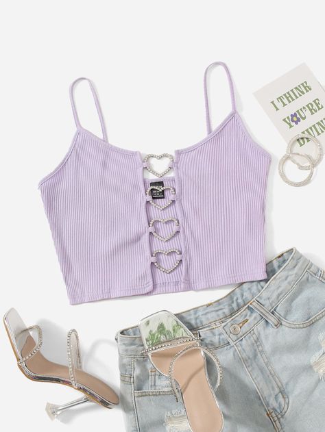 Crop Top Lila Outfit, Shein Tops Outfit, Top Corazon, Crop Top Corto, Cute Shein Tops, Shein Crop Tops, Crop Top Mujer, Cropped Shein, Pastel Crop Top