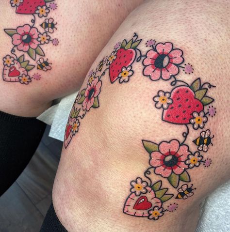 This might be the prettiest tattoo we’ve ever seen from Heavy Petal – who else agrees?  Created with #magnumtattoosupplies ❤️  #tattoo #tattooartist #tattoos #tattooart #flowertattoo #floraltattoo #betattoo #cutetattoo #kawaiitattoo Kawaii Chest Tattoo, Fair Tattoo Ideas, American Traditional Tattoo Women, Strawberry Shortcake Tattoos, Strawberry Knee Tattoo, Cute Food Tattoos, Girly Tattoo Sleeve, Cute Knee Tattoo, Traditional Cloud Tattoo