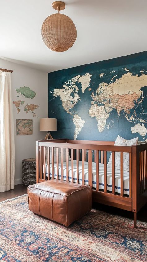 Cozy gender-neutral nursery featuring a world map accent wall, mid-century furniture, vintage maps, and a wooden crib. Travel Theme Nursery Boy, Travel Inspired Nursery, Travel Themed Nursery Neutral, World Nursery Theme, Baby Gender Neutral Nursery, Outdoor Themed Nursery, World Traveler Nursery, Travel Themed Nursery, Adventure Themed Nursery