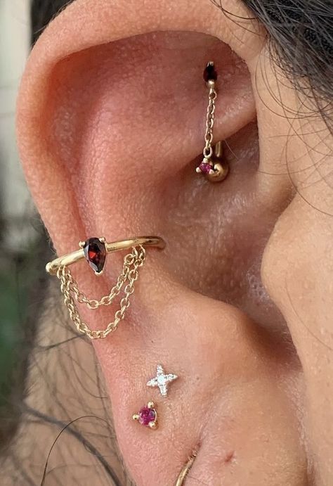 Garnet Ear Piercings, Red Piercing Jewelry, Goth Ear Stack, Red Earring Stack, Red Piercing, Piercing Styles, Ear Styling, Ear Curation, Constellation Earrings