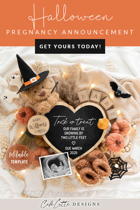 Halloween pregnancy announcement digital reveal for social media, Halloween baby announcement digital image with bear, baby booties and heart chalkboard, Trick or Treat Our Family is Growing By two little feet Pumpkin Baby Announcement, Halloween Baby Announcement, Baby Calendar, Baby Due Date Calendar, Halloween Pregnancy Announcement, Digital Baby Announcement, Pregnancy Announcement Template, October Baby, Baby Due Date