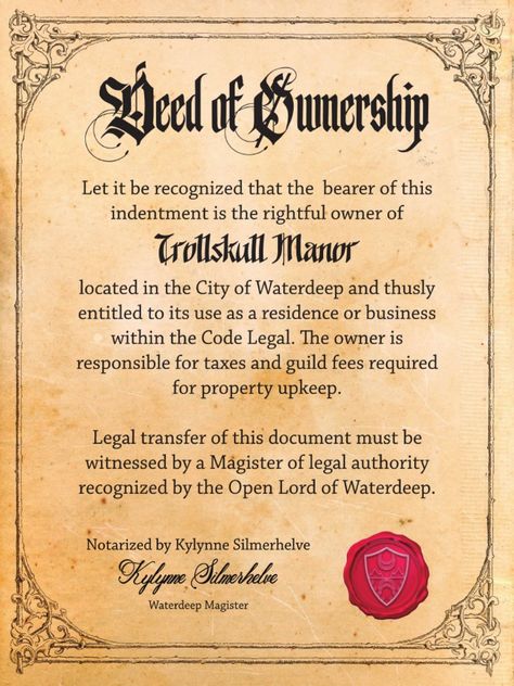 Trollskull Manor Deed of Ownership | PDF Dnd Template, Waterdeep Dragon Heist, Dnd Crafts, Dnd Stories, Dungeon Master's Guide, Dnd Dragons, Dragon Rpg, Dungeons And Dragons Game, Game Props