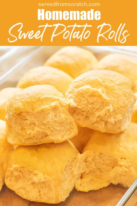 Super soft, fluffy, and perfect for any holiday or any time of the year table. Our Homemade Sweet Potato Rolls are sure to be your new favorite dinner roll, made even better with some added nutrition! Leftover Baked Sweet Potato Recipes, Sweet Potato Rolls Pioneer Woman, Sweet Potato Yeast Rolls, Sweet Potato Cake Roll Recipe, Sweet Potato Yeast Bread Recipe, Crescent Roll Sweet Potatoe, Pioneer Woman Sweet Potato Rolls, Sweet Potato Quick Bread, Sourdough Sweet Potato Rolls