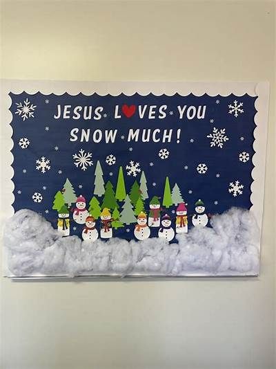 Pin by Emilie Brown on Bulletin Christmas Bulletin Board Ideas Preschool Religious, Christian January Bulletin Boards, Winter Bible Class Bulletin Board, Snowflake Bulletin Board Preschool, Christmas Door Decorating Contest School Christian, Winter Sunday School Lessons, Snowmen Bulletin Board Ideas, Preschool Winter Bulletin Boards, Winter Church Bulletin Boards