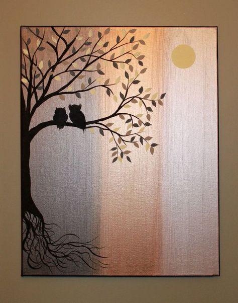 Owl Silhouette, Easy Canvas, Easy Canvas Painting, Canvas Painting Diy, Simple Acrylic Paintings, Night Painting, Beginner Painting, Acrylic Canvas, Abstract Painting Acrylic