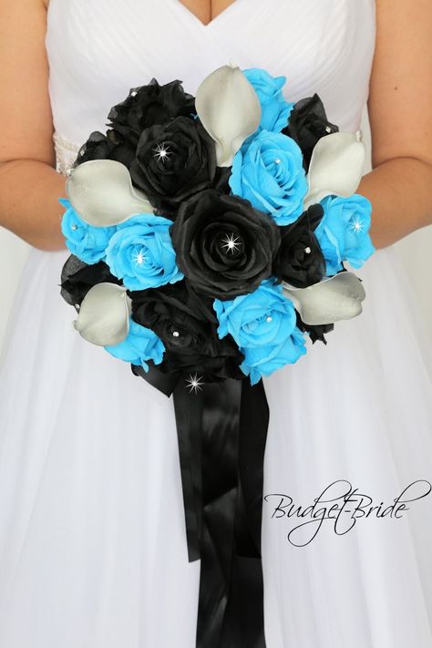 Turquoise Roses, Black Wedding Flowers, Davids Bridal Gowns, Nightmare Before Christmas Wedding, Round Bouquet, Silver Theme, Brides Bouquet, Blue Wedding Flowers, Artificial Flowers Wedding