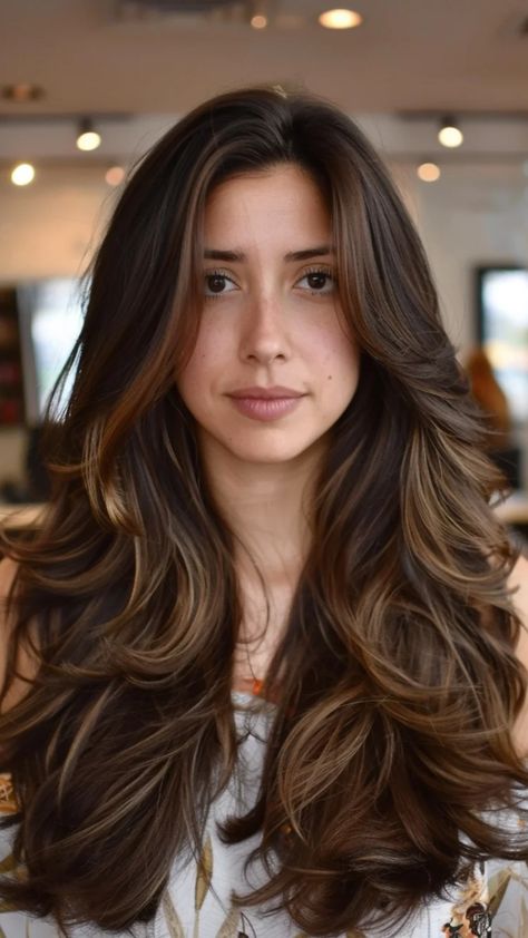 Woman with long, wavy brown hair styled in loose layers, standing indoors. Hair Inspiration For Brunettes, Chestnut Hair Color With Highlights, Dimensional Brunette Highlights, Chocolate Hair With Highlights, Partial Highlights For Brunettes, Fall Highlights For Brown Hair, Caramel Highlights On Dark Hair, Fall Hair Inspiration, Partial Balayage