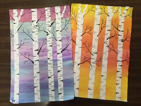 Birch Tree Collage, Fall Birch Trees, 자작나무 그림, Calendar Art, Birch Tree Art, Birch Tree Painting, Fall Art Projects, Winter Art Projects, 4th Grade Art