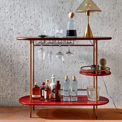 Tiered Bar Console, Burgundy Round Bar Cart, Bar Cart Inspo, Bar Console, Diy Bar Cart, Outside Bars, Mid Century Bar, Bar Essentials, Ice Buckets, Interior Room