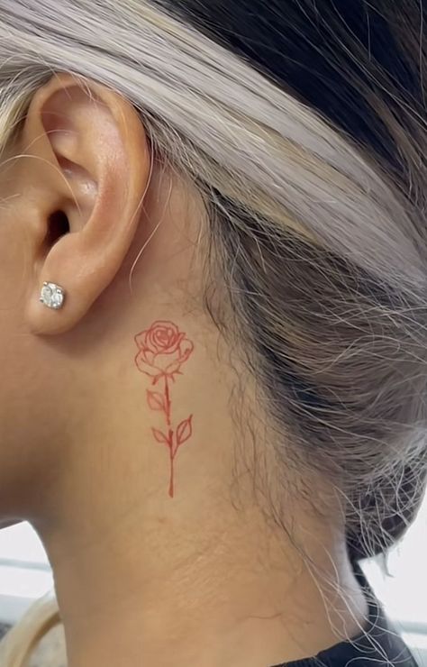 Rose Tattoo Behind Ear, Rose Neck Tattoo, Flower Neck Tattoo, Red Flower Tattoos, Behind Ear Tattoos, Red Heart Tattoos, Tattoo Behind Ear, Tato Minimal, Rose Tattoos For Women