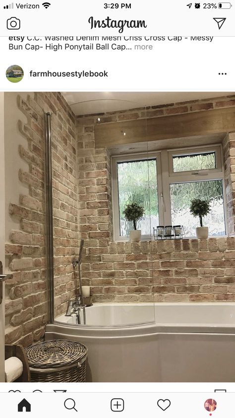 Brick Effect Bathroom, Brick Floor Bathroom, Brick Tile Shower, Brick Tiles Bathroom, Tub Shower Combo Remodel, Small Toilet Decor, Bathroom Tub Remodel, Cosy Bathroom, Brick Bathroom