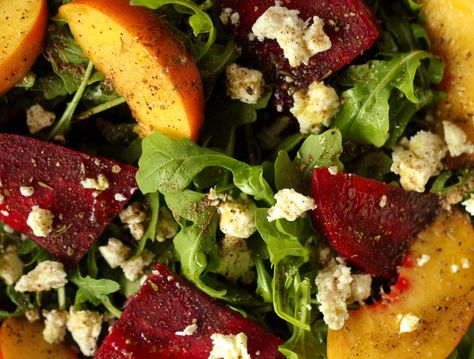 Peach Beet Salad, Peach And Feta Salad, Salad With Peaches And Feta, Beet And Peach Salad, Beet And Peach Salad Recipes, Peach Salad Recipes, Grilled Beets, Beet Salad With Feta, Pecan Salad