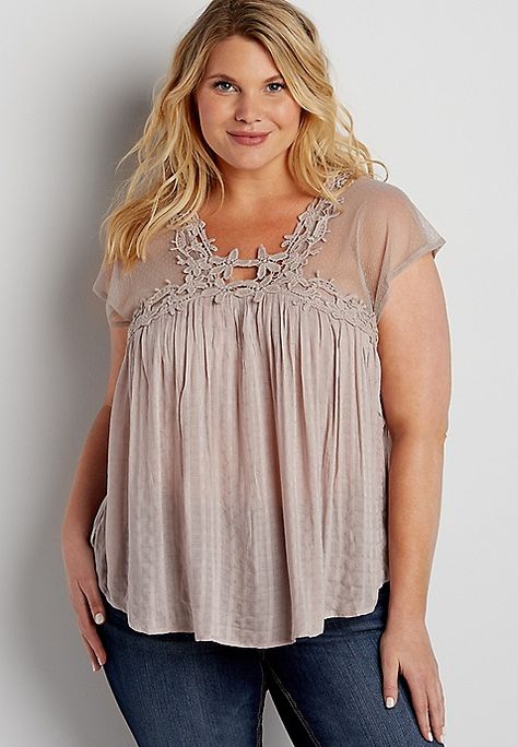 plus size lightweight top with mesh and crochet | maurices Plus Size Blouses For Women, Maurices Outfits, Plus Size Tops For Women, Look Plus Size, Plus Size Fashion For Women, Plus Size Wedding, Lightweight Tops, Plus Size Womens Clothing, Womens Clothing Stores