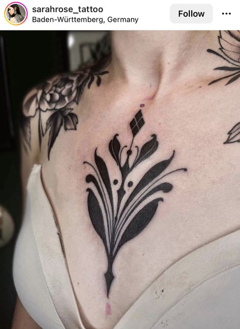 Ornamental Blackwork Back Tattoo, Leaf Ornament Tattoo, Art Deco Chest Tattoo, Art Deco Ornamental Tattoo, Art Deco Tattoo Design, Sternum Ornamental Tattoo, Chest Ornamental Tattoo, Blackwork Backpiece, Flower Ornamental Tattoo