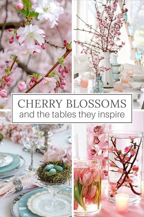 Do you love cherry blossom season?  Check out these cherry blossom decor ideas to use for your lovely spring table settings. -----> #cherryblossomdecor #cherryblossombranch #cherryblossomcenterpieces #tablesettings #tabledecorations #tablescapes #tablecenterpieces #tabledecor #tablesettingideas #cherryblossoms #springtablesettings #designthusiasm Cherry Blossom Wedding Ideas, Cherry Blossom Wedding Decor, Cherry Blossom Centerpiece, Stone Gable, Cherry Blossom Party, Cherry Blossom Decor, Parisian Party, Spring Table Settings, Spring Interiors