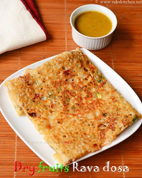 Rava dosa made with dry fruits and nuts like cashews, almonds, pista, dates, tutti frutti, raisins. With step by step pictures! Paneer Dosa, Mysore Masala Dosa, Dosa Batter Recipe, Dosa Recipes, Rava Dosa, Millet Recipes, Breakfast Prep, Batter Recipe, Dosa Recipe