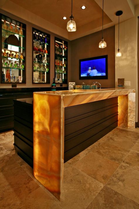 Basement Bar Plans, Home Bar Counter, Waterfall Countertop, Bar Counter Design, Media Room Design, Modern Home Bar, Home Bar Rooms, Bar Plans, Basement Bar Designs