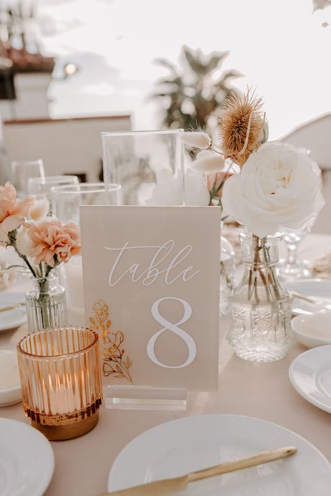 Table Number Wedding Centerpieces, Different Table Numbers Wedding, Beige Wedding Table Decor, Creative Wedding Table Numbers, Wedding Table Number Ideas, Table Number Ideas, Bridal Things, Number Ideas, Acrylic Table Number