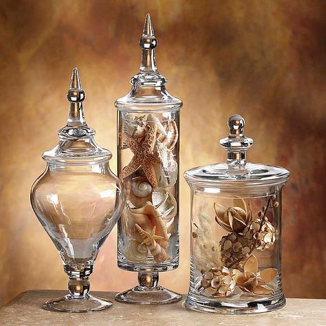 Describe your pin...http://pinterest.com/russellsgirl/# Apothecary Jar Ideas, Apothecary Jars Decor, Apothecary Decor, Glamour Decor, Glass Apothecary Jars, Jar Decor, Decorated Jars, Jar Vase, Glass Vases