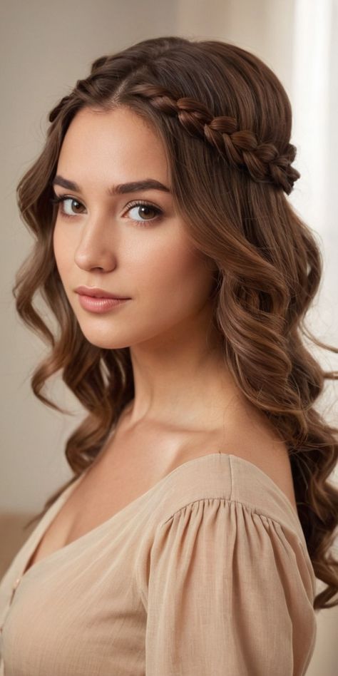 Cute Easy Braids For Long Hair, Light Curls Hairstyles, Light Brown Hair Braids, Braided Headband Hairstyles, Twisted Crown Braid, Long Wavy Brown Hair, Trendy Hairdos, Concert Hair, Morning Before School