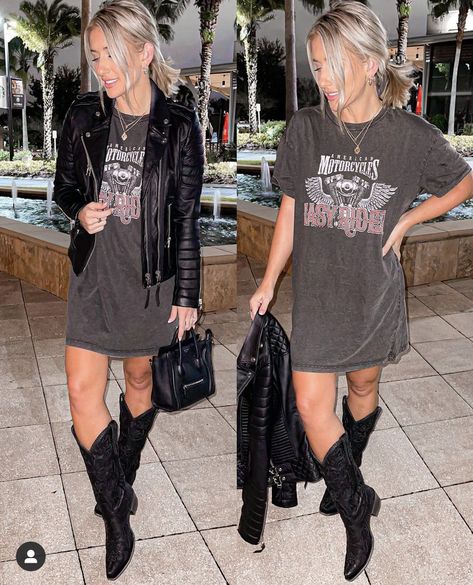 Nashville Style Outfits, Outfit Biker, Tshirt Dress Outfit, Outfit Botas, Girls Night Out Outfits, Shirt Dress Outfit, Looks Country, Biker Outfit, Nashville Outfits